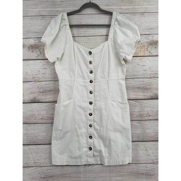 Madewell Linen-Cotton Puff-Sleeve Mini Dress Womens 12 White Button Down Stretch - Picture 1 of 10
